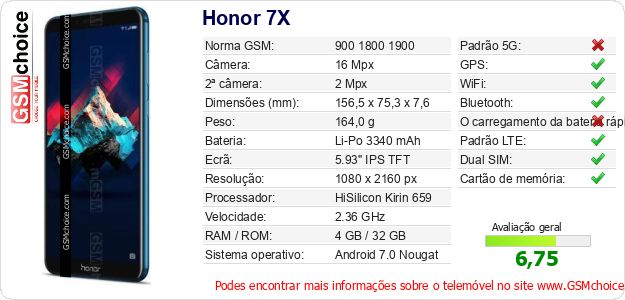 Honor 7X Especificações técnicas do telemóvel Honor 7X Especificações técnicas do telemóvel