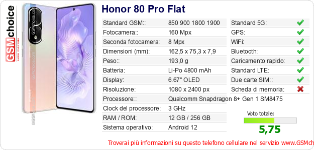 Honor 80 Pro Flat Dati tecnici di telefono cellulare 
