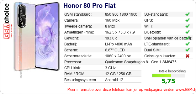 Honor 80 Pro Flat Technische gegevens Honor 80 Pro Flat Technische gegevens