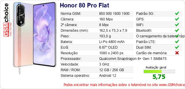 Honor 80 Pro Flat Especificações técnicas do telemóvel 