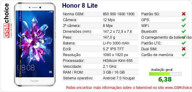 Honor 8 Lite Especificações técnicas do telemóvel Honor 8 Lite Especificações técnicas do telemóvel