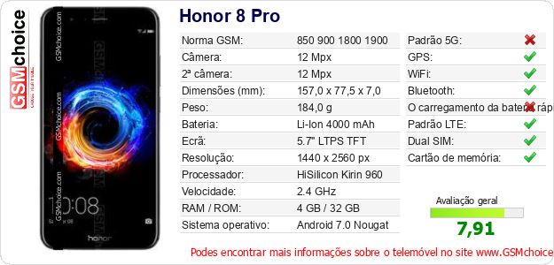 Honor 8 Pro Especificações técnicas do telemóvel Honor 8 Pro Especificações técnicas do telemóvel