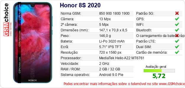 Honor 8S 2020 Especificações técnicas do telemóvel Honor 8S 2020 Especificações técnicas do telemóvel