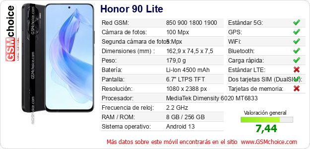 Honor 90 Lite Datos técnicos del móvil Honor 90 Lite Datos técnicos del móvil