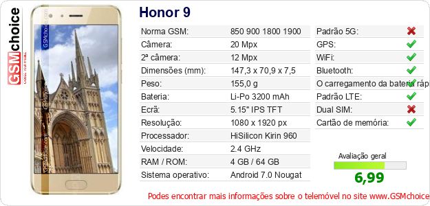 Honor 9 Especificações técnicas do telemóvel Honor 9 Especificações técnicas do telemóvel
