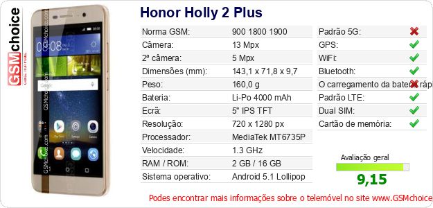 Honor Holly 2 Plus Especificações técnicas do telemóvel Honor Holly 2 Plus Especificações técnicas do telemóvel