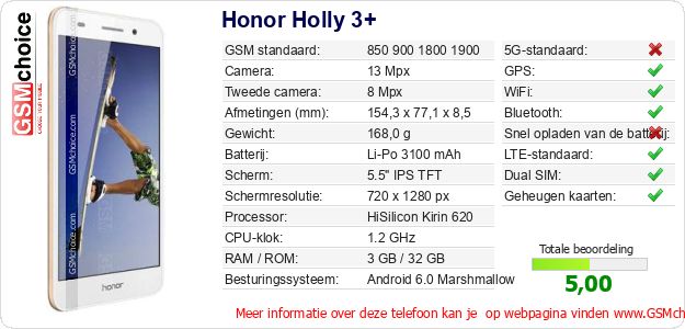 Honor Holly 3+ Technische gegevens 