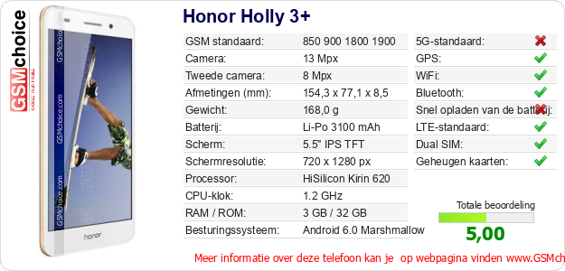 Honor Holly 3+ Technische gegevens Honor Holly 3+ Technische gegevens