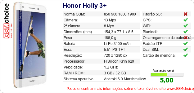 Honor Holly 3+ Especificações técnicas do telemóvel 