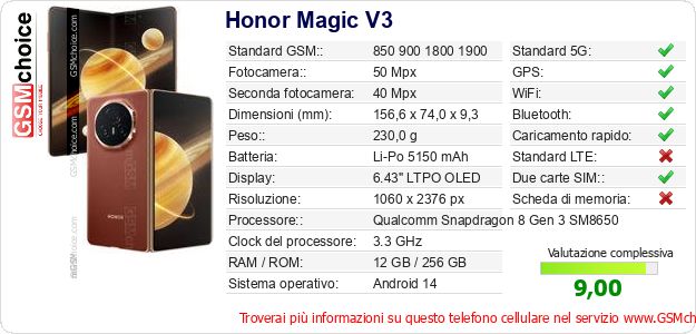 Honor Magic V3 Dati tecnici di telefono cellulare Honor Magic V3 Dati tecnici di telefono cellulare