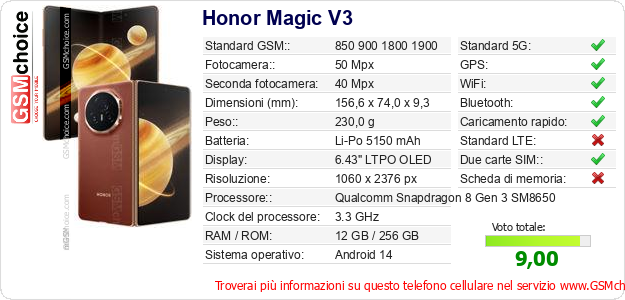 Honor Magic V3 Dati tecnici di telefono cellulare Honor Magic V3 Dati tecnici di telefono cellulare