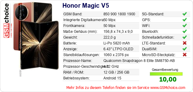 Honor Magic V5 technische Daten Honor Magic V5 technische Daten