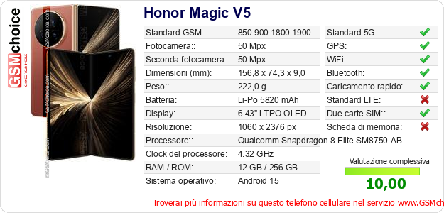 Honor Magic V5 Dati tecnici di telefono cellulare 