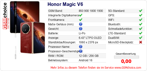 Honor Magic V6 technische Daten Honor Magic V6 technische Daten