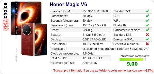 Honor Magic V6 Dati tecnici di telefono cellulare 