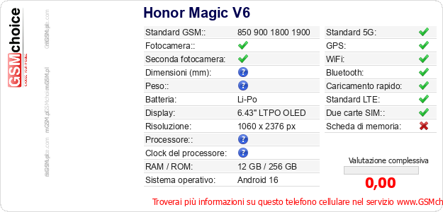 Honor Magic V6 Dati tecnici di telefono cellulare Honor Magic V6 Dati tecnici di telefono cellulare