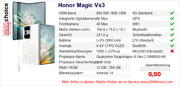 Honor Magic Vs3 technische Daten Honor Magic Vs3 technische Daten