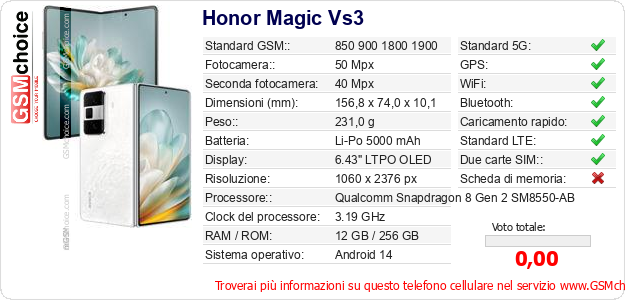 Honor Magic Vs3 Dati tecnici di telefono cellulare 