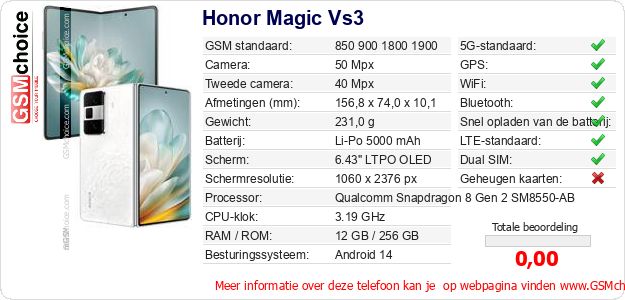Honor Magic Vs3 Technische gegevens Honor Magic Vs3 Technische gegevens