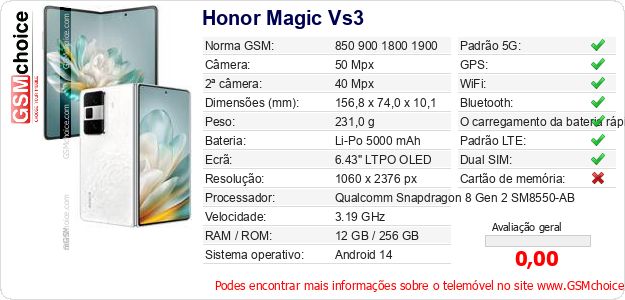 Honor Magic Vs3 Especificações técnicas do telemóvel Honor Magic Vs3 Especificações técnicas do telemóvel