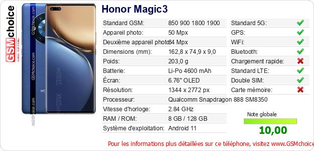 Honor Magic3 Fiche technique Honor Magic3 Fiche technique