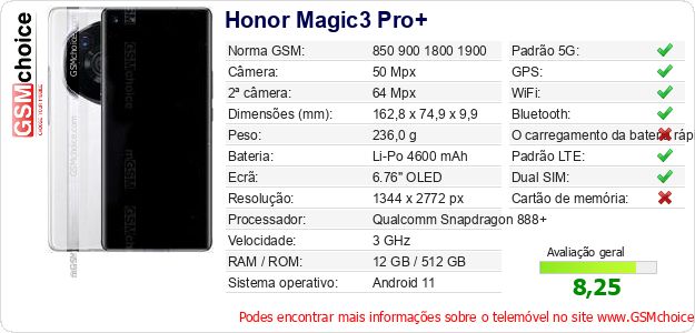 Honor Magic3 Pro+ Especificações técnicas do telemóvel 