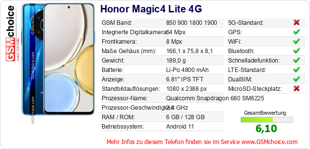 Honor Magic4 Lite 4G technische Daten Honor Magic4 Lite 4G technische Daten