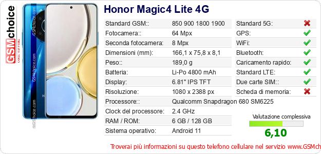 Honor Magic4 Lite 4G Dati tecnici di telefono cellulare Honor Magic4 Lite 4G Dati tecnici di telefono cellulare
