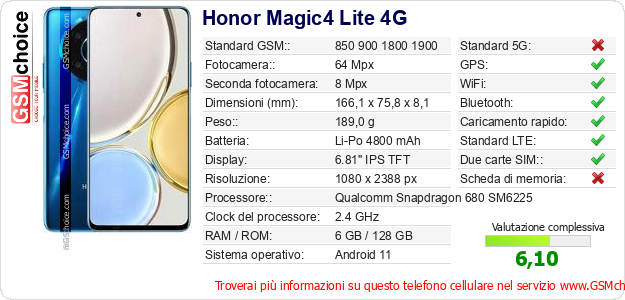 Honor Magic4 Lite 4G Dati tecnici di telefono cellulare 