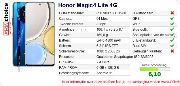 Honor Magic4 Lite 4G Technische gegevens Honor Magic4 Lite 4G Technische gegevens