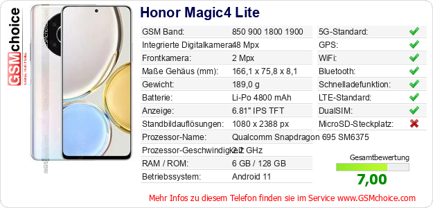 Honor Magic4 Lite technische Daten Honor Magic4 Lite technische Daten