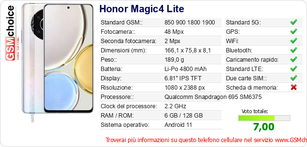 Honor Magic4 Lite Dati tecnici di telefono cellulare 
