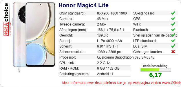 Honor Magic4 Lite Technische gegevens 