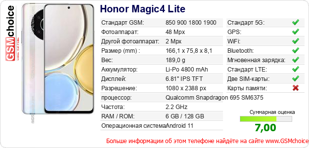 Honor Magic4 Lite Технические данные телефона Honor Magic4 Lite Технические данные телефона