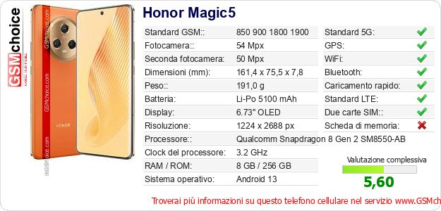 Honor Magic5 Dati tecnici di telefono cellulare 