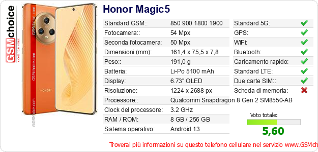 Honor Magic5 Dati tecnici di telefono cellulare Honor Magic5 Dati tecnici di telefono cellulare