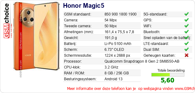 Honor Magic5 Technische gegevens Honor Magic5 Technische gegevens