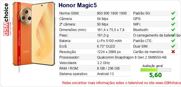 Honor Magic5 Especificações técnicas do telemóvel 