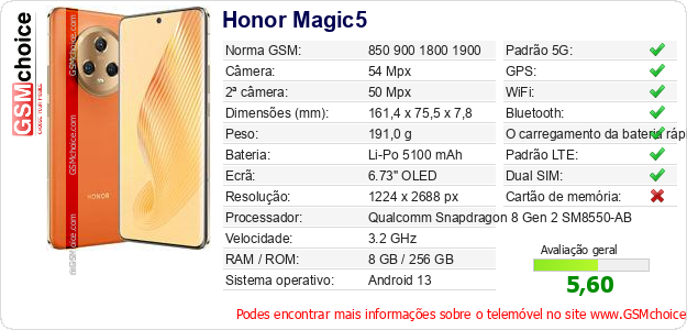 Honor Magic5 Especificações técnicas do telemóvel Honor Magic5 Especificações técnicas do telemóvel