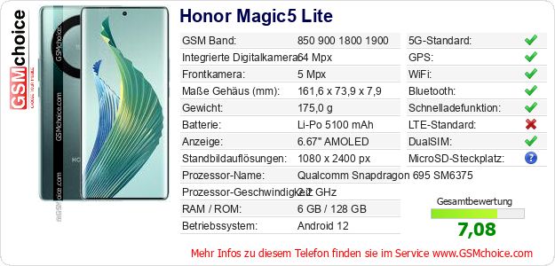Honor Magic5 Lite technische Daten Honor Magic5 Lite technische Daten