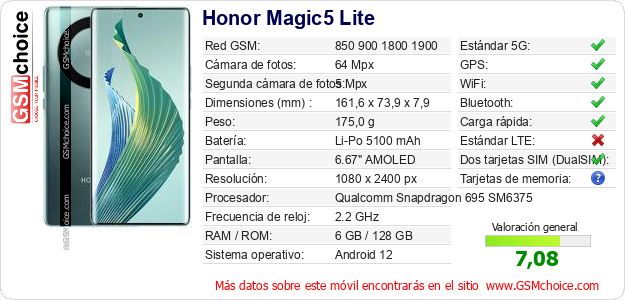 Honor Magic5 Lite Datos técnicos del móvil 