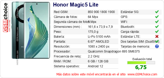 Honor Magic5 Lite Datos técnicos del móvil 