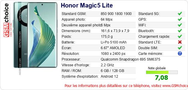 Honor Magic5 Lite Fiche technique Honor Magic5 Lite Fiche technique
