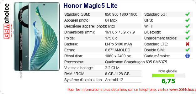 Honor Magic5 Lite Fiche technique