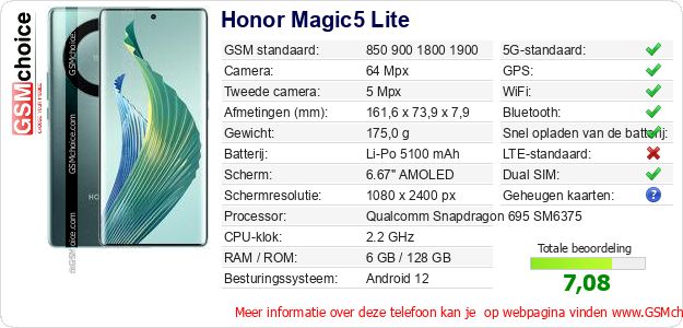 Honor Magic5 Lite Technische gegevens 