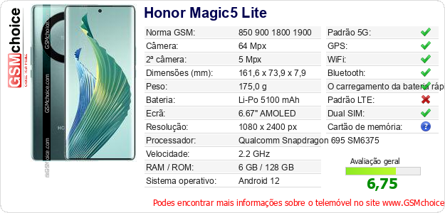 Honor Magic5 Lite Especificações técnicas do telemóvel 