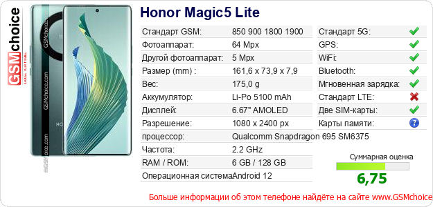 Honor Magic5 Lite Технические данные телефона Honor Magic5 Lite Технические данные телефона