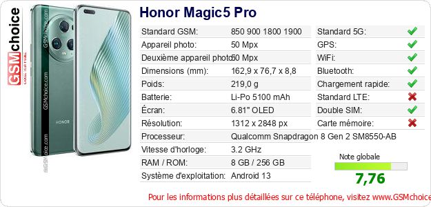 Honor Magic5 Pro Fiche technique Honor Magic5 Pro Fiche technique