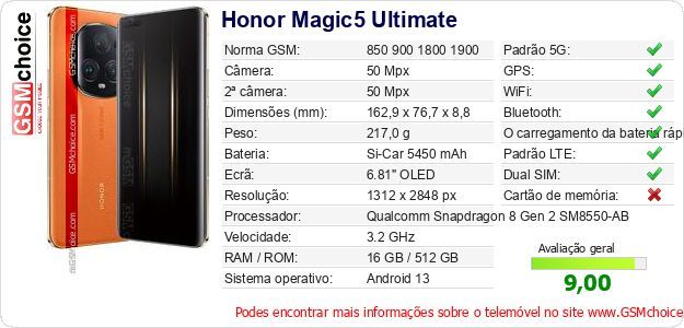Honor Magic5 Ultimate Especificações técnicas do telemóvel 