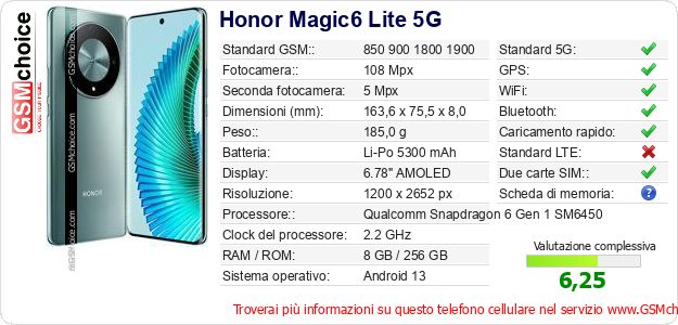 Honor Magic6 Lite 5G Dati tecnici di telefono cellulare Honor Magic6 Lite 5G Dati tecnici di telefono cellulare